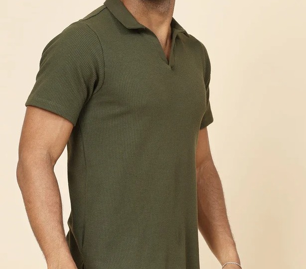 Waffle Weave Solid Polo Olive Green T-shirt