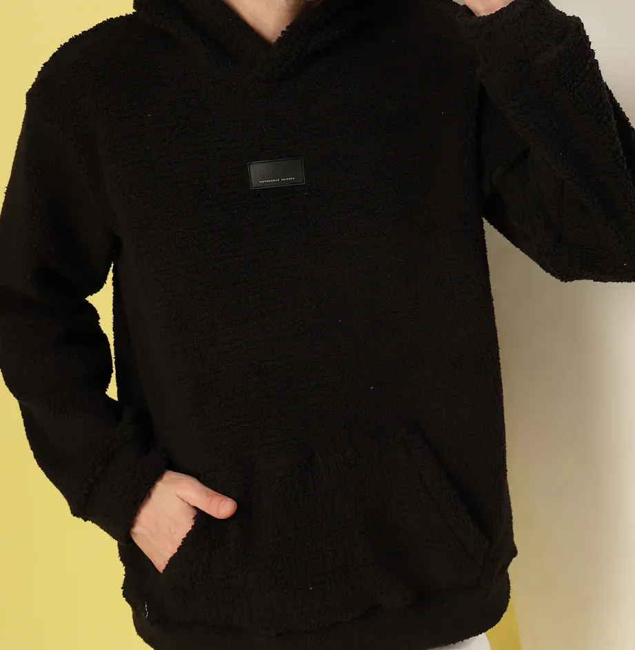 Warm Hooded Sherpa Jet Black Sweatshirt